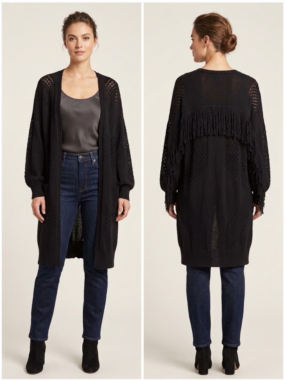 BCBGMAXAZRIA Black Fringe Open Front Duster Cardigan Cotton Merino Wool Blend M